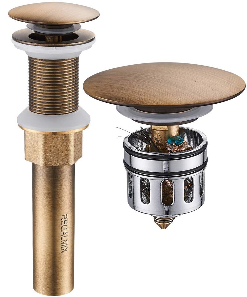 REGALMIX Antique Brass Pop UP Drain, Bathroom Vessel Lavatory Vanity Faucet Sink Stopper, Built-in Anti-Clogging Strainer, Fits Standard American Drain Hole(1-1/2" to 1-3/4"),Without Overflow RWF082S - Image 1